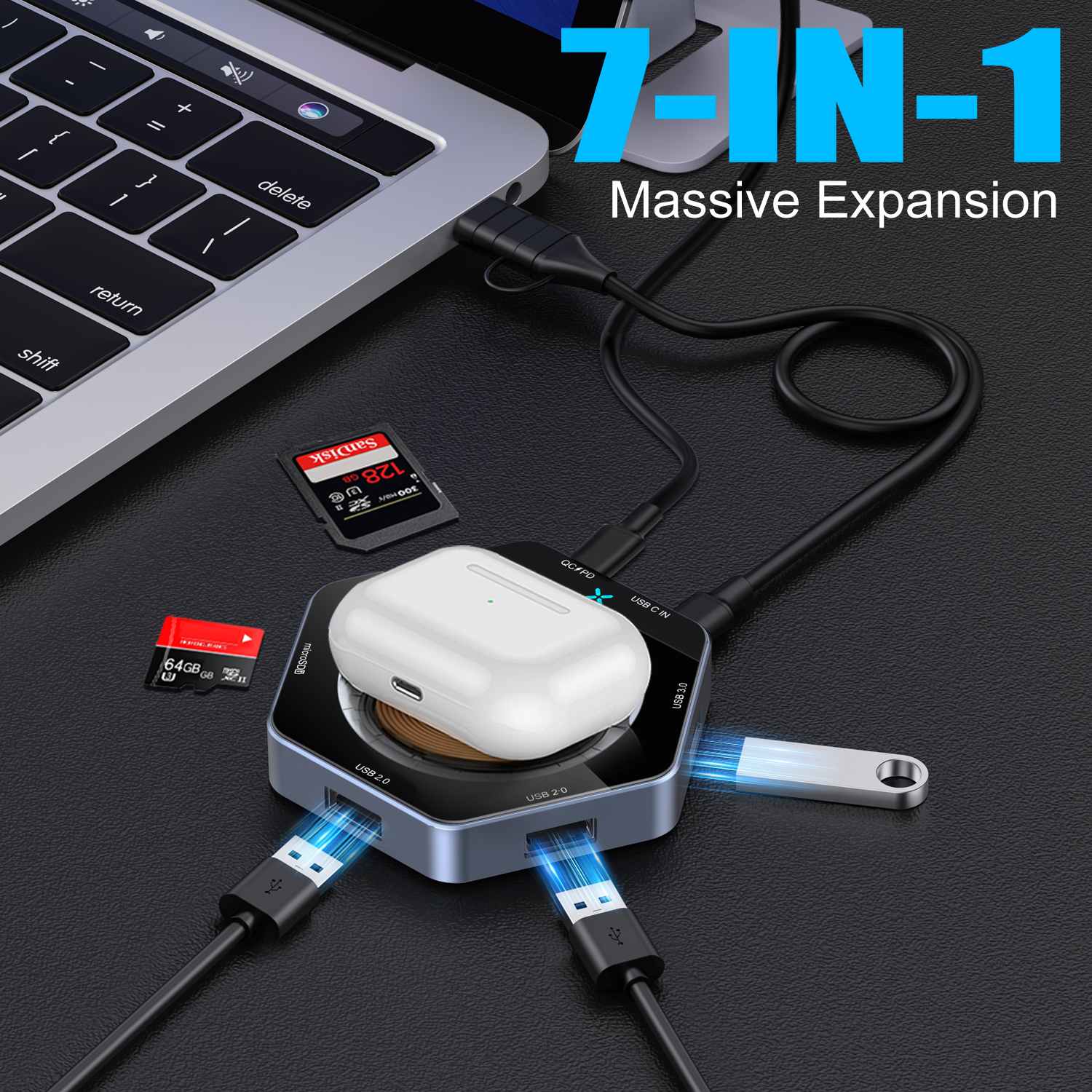 15W γρήγορη φόρτιση 7 IN1 USB Hub Dock Wireless Charger